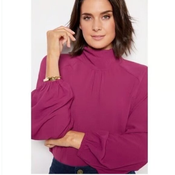 NWOT Evereve Devin Gathered Smocked Mockneck Blouse with Peasant Sleeve Size XL - Picture 2 of 10